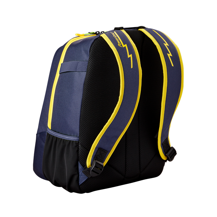 The Louisville Slugger Savannah Bananas Powerized Stick Pack Backpack (WB57636) features a navy blue design with yellow accents, mesh back panel, side pockets, and shoulder straps with yellow lightning bolts. Shown from the back on a white background.