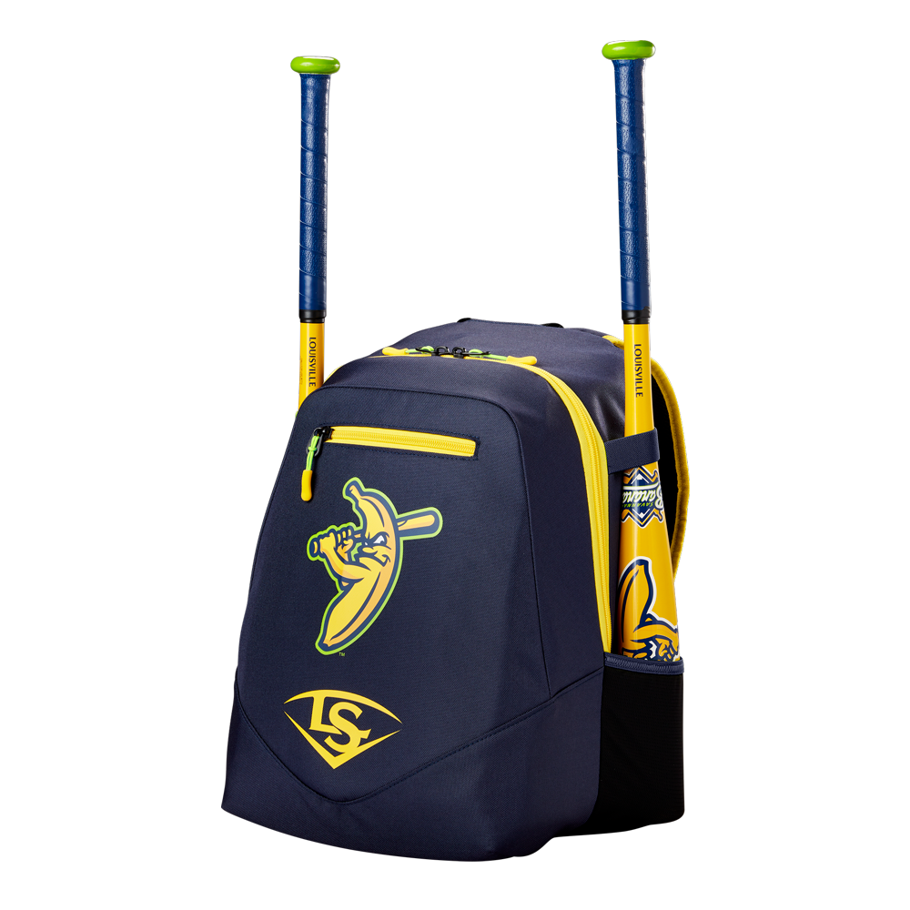 Show your team spirit with the Louisville Slugger Savannah Bananas Powerized Stick Pack Backpack (WB57636), featuring a cartoon banana logo, yellow zipper accents, mesh side pocket, and space for two bats on top.