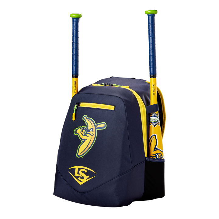 Show your team spirit with the Louisville Slugger Savannah Bananas Powerized Stick Pack Backpack (WB57636), featuring a cartoon banana logo, yellow zipper accents, mesh side pocket, and space for two bats on top.
