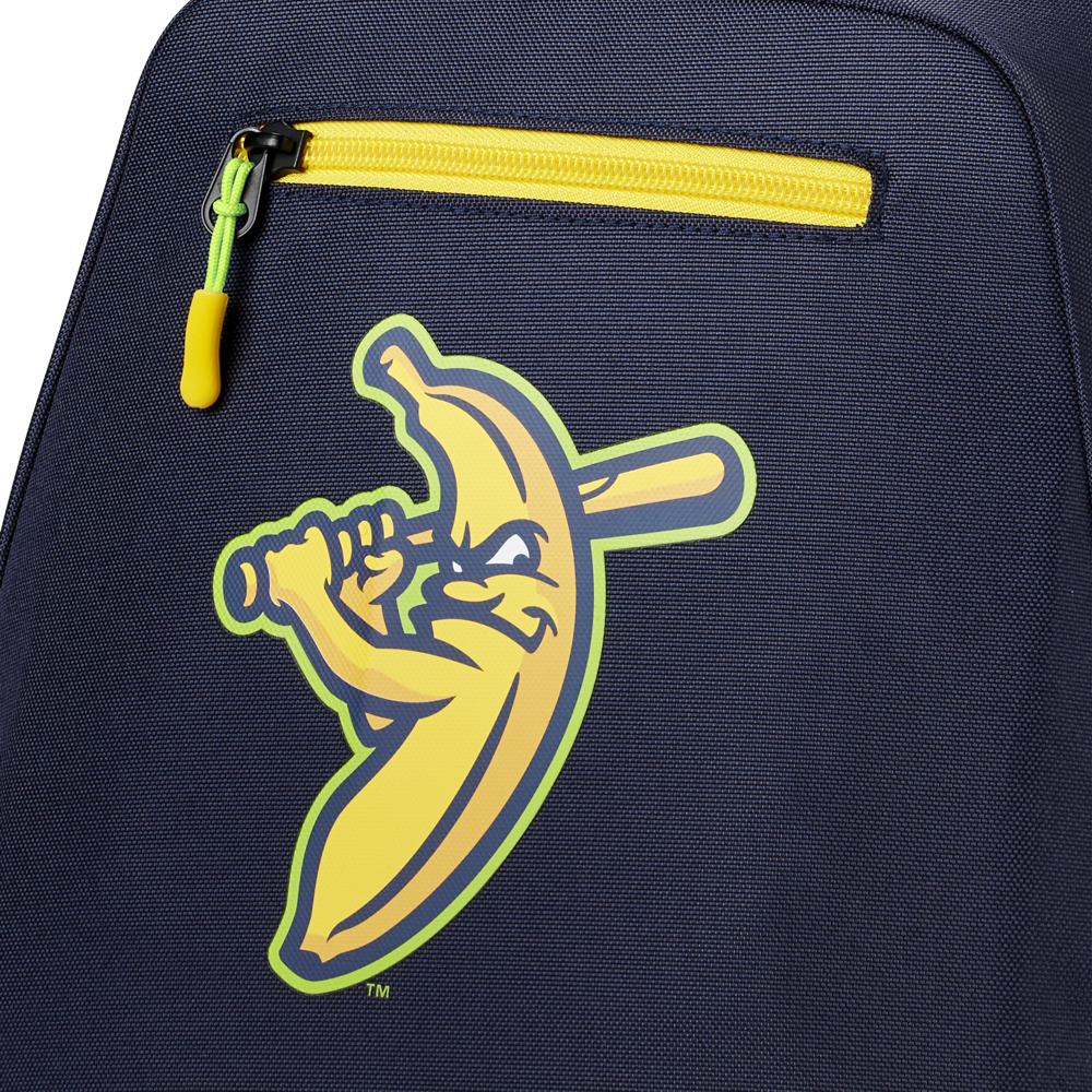 The Louisville Slugger Savannah Bananas Powerized Stick Pack Backpack (WB57636) features a cartoon banana swinging a bat on a dark youth baseball bag with a yellow-zippered pocket.