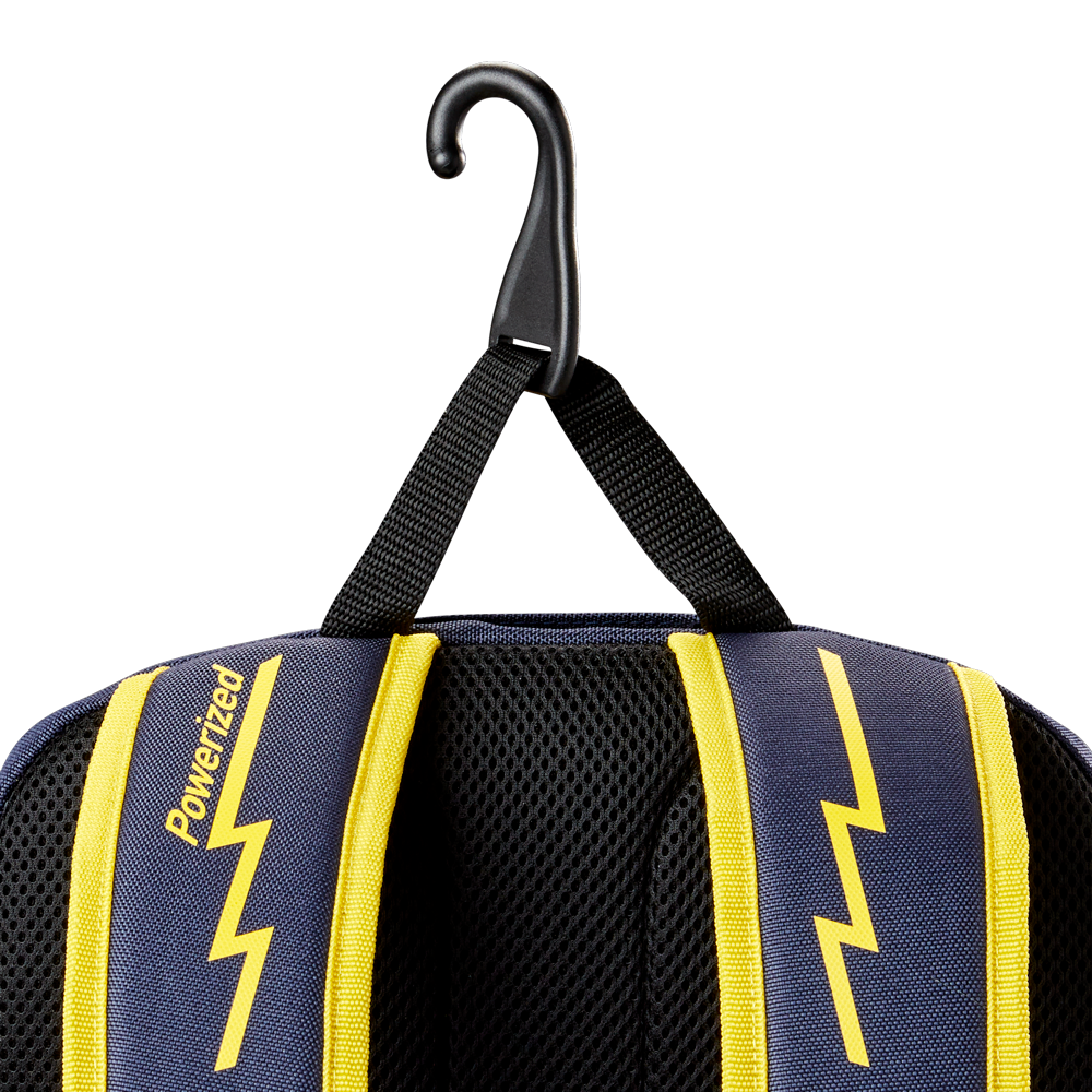 Close-up of the Louisville Slugger Savannah Bananas Powerized Stick Pack Backpack (WB57636), with blue and yellow lightning bolt straps, "Powerized" printed on a strap, hanging from a black hook by its loop.