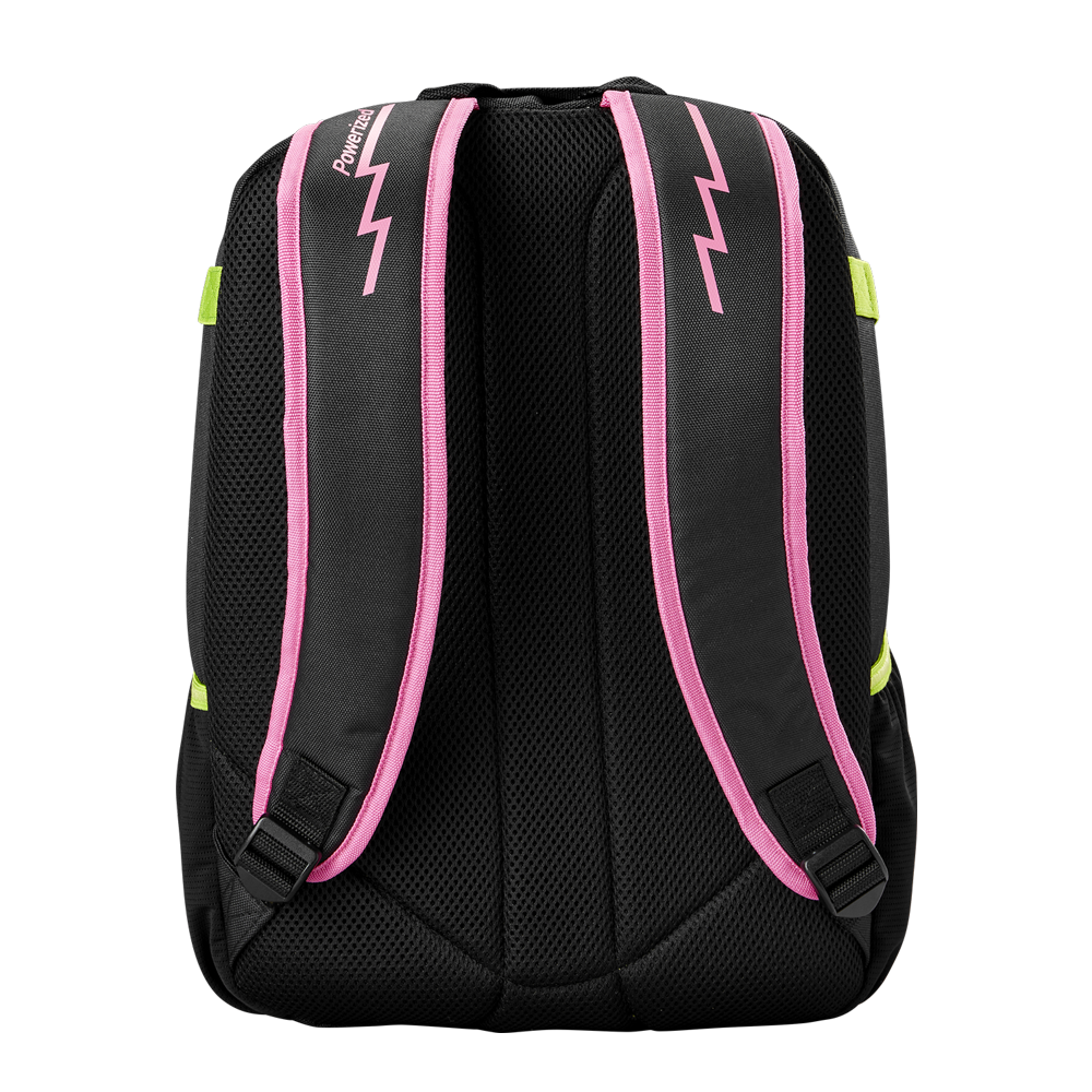The Louisville Slugger Party Animals Powerized Stick Pack Backpack (WB5763701) features padded mesh straps trimmed in pink, a lightning bolt design, and green accentsâideal as a youth baseball bag or for stylish sporting events.