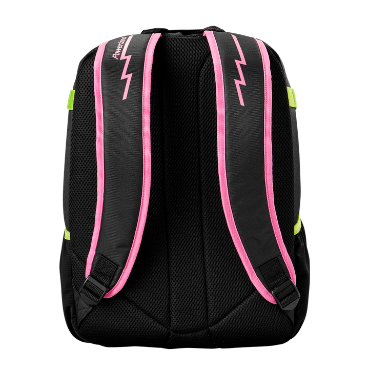 The Louisville Slugger Party Animals Powerized Stick Pack Backpack (WB5763701) features padded mesh straps trimmed in pink, a lightning bolt design, and green accentsâideal as a youth baseball bag or for stylish sporting events.
