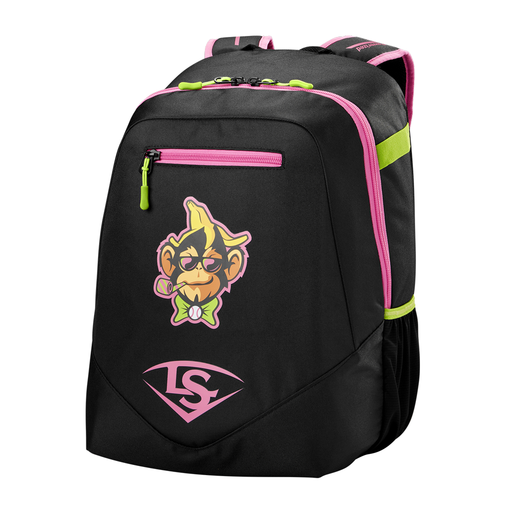 The Louisville Slugger Party Animals Powerized Stick Pack Backpack (WB5763701) is a black youth baseball bag with pink and neon green accents, a cartoon monkey face with a bow tie, and a pink LS logoâperfect for young players.