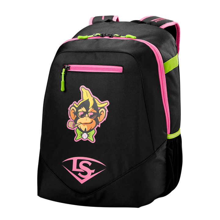 The Louisville Slugger Party Animals Powerized Stick Pack Backpack (WB5763701) is a black youth baseball bag with pink and neon green accents, a cartoon monkey face with a bow tie, and a pink LS logoâperfect for young players.