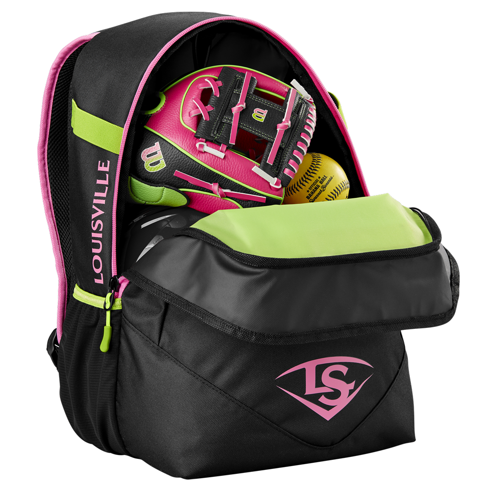 The Louisville Slugger Party Animals Powerized Stick Pack Backpack (WB5763701) features black and pink colors with a green front pocket, shown partially unzipped to reveal a pink and green glove and yellow softballâideal for youth baseball practice or games.