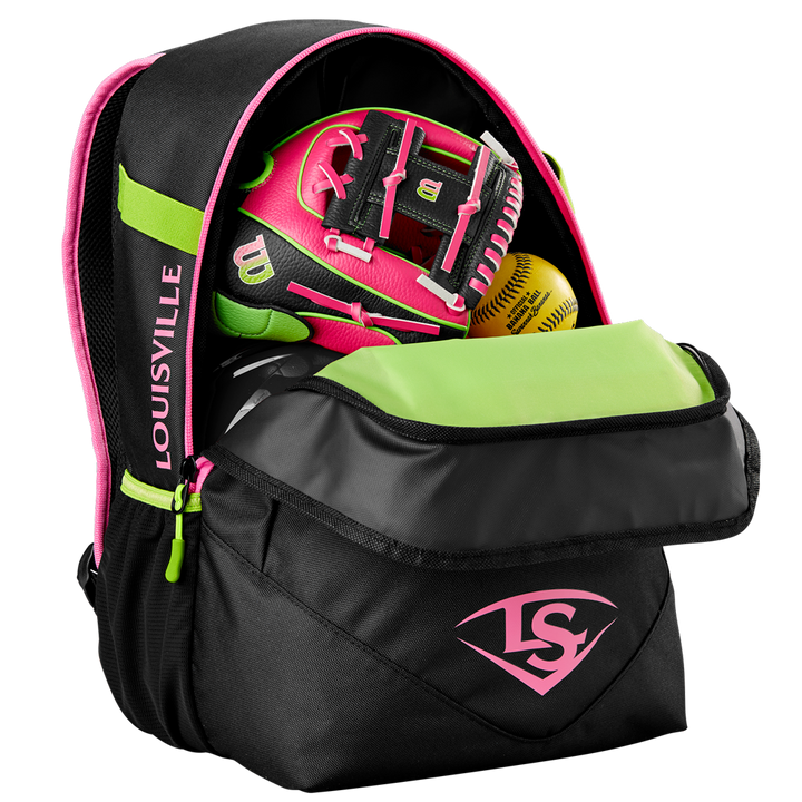 The Louisville Slugger Party Animals Powerized Stick Pack Backpack (WB5763701) features black and pink colors with a green front pocket, shown partially unzipped to reveal a pink and green glove and yellow softballâideal for youth baseball practice or games.