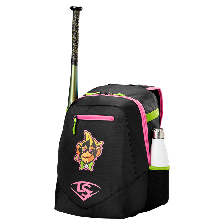 The Louisville Slugger Party Animals Powerized Stick Pack Backpack (WB5763701) is a black and pink youth baseball bag with a cartoon monkey face, a bat sticking out of the top, and a white water bottle in the side pocket.