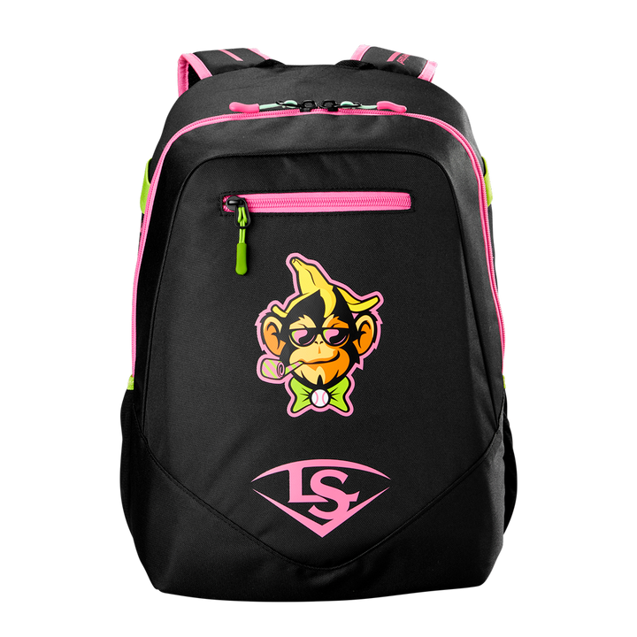 The Louisville Slugger Party Animals Powerized Stick Pack Backpack (WB5763701) is a black youth baseball bag with pink zippers, a cartoon angry banana in a bow tie on the front pocket, and a pink LS logo below it.