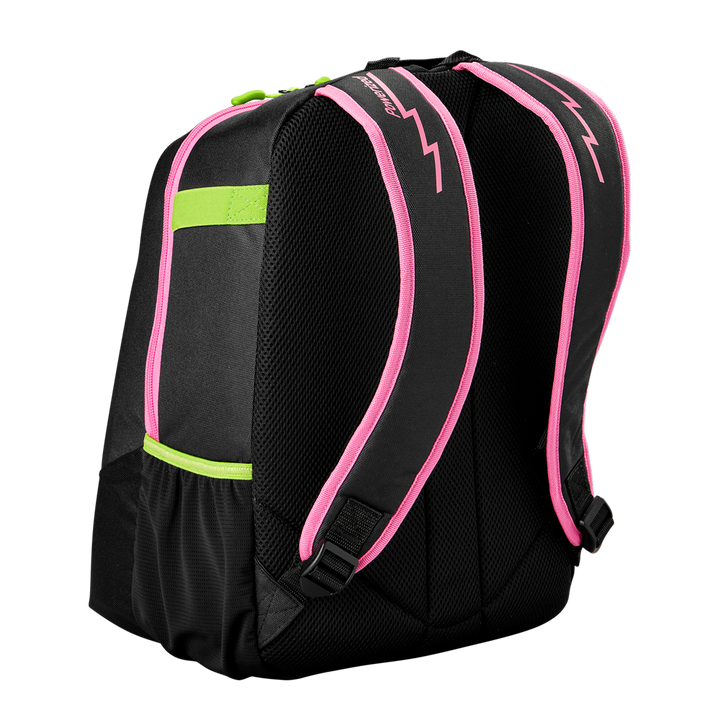The Louisville Slugger Party Animals Powerized Stick Pack Backpack features black fabric, mesh back panels, two pink-trimmed shoulder straps, green accents like a horizontal strap and zipper pulls, and a zigzag design. Photographed on a white background.
