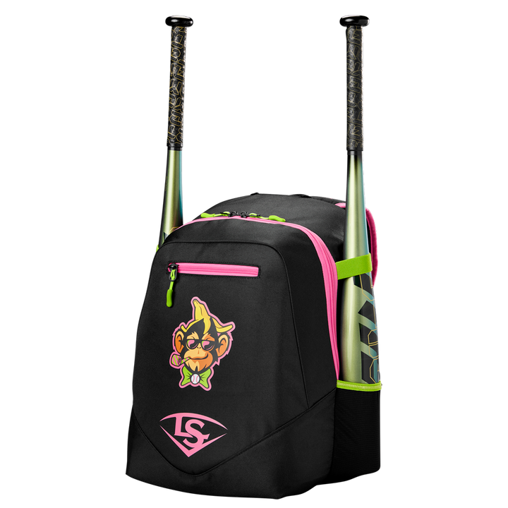 The Louisville Slugger Party Animals Powerized Stick Pack Backpack (WB5763701) is a black youth bag with neon green zippers, pink trim, a cartoon face design, and white logo. Two bats fit upright in the side pockets.