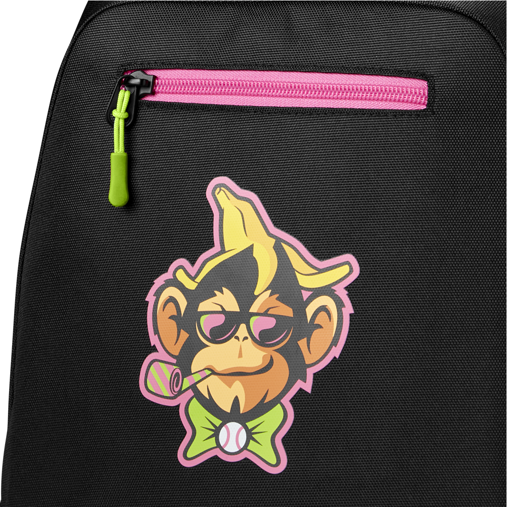 The Louisville Slugger Party Animals Powerized Stick Pack Backpack: WB5763701 is a black youth baseball bag with a pink zipper, green pull tab, and a fun cartoon monkey in sunglassesâideal for Party Animals fans.