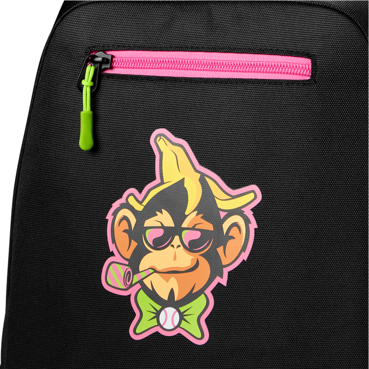 The Louisville Slugger Party Animals Powerized Stick Pack Backpack: WB5763701 is a black youth baseball bag with a pink zipper, green pull tab, and a fun cartoon monkey in sunglassesâideal for Party Animals fans.