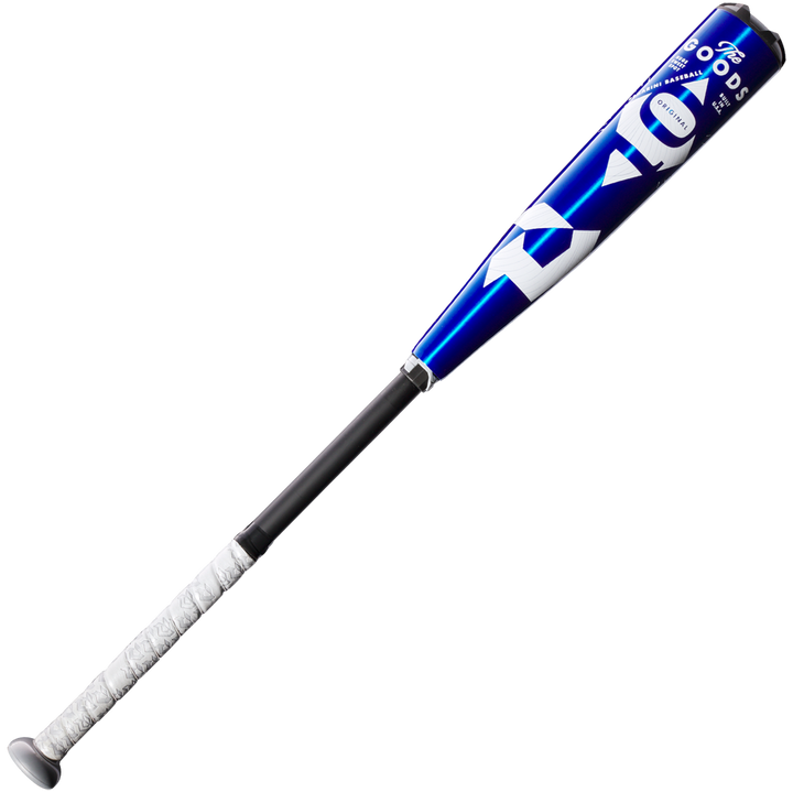 The 2023 DeMarini The Goods -10 (2 5/8") USA Baseball Bat (WBD2359010) features a blue and silver X14 Alloy Barrel and a black handle with white grip tape, shown against a plain white background.