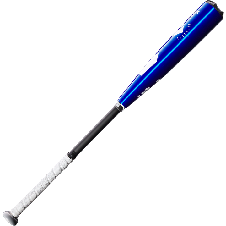 A 2023 DeMarini The Goods -10 (2 5/8") USA baseball bat, blue and black with a white grip handle and X14 Alloy Barrel, is displayed against a plain white background.