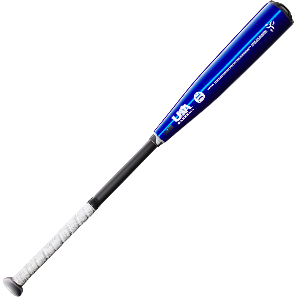 The 2023 DeMarini The Goods -10 USA Baseball Bat (WBD2359010) features a blue aluminum barrel, white grip, black handle, X14 Alloy Barrel branding, and certification markings. Displayed on a white background.