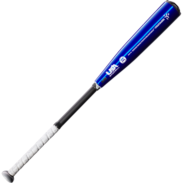 The 2023 DeMarini The Goods -10 USA Baseball Bat (WBD2359010) features a blue aluminum barrel, white grip, black handle, X14 Alloy Barrel branding, and certification markings. Displayed on a white background.