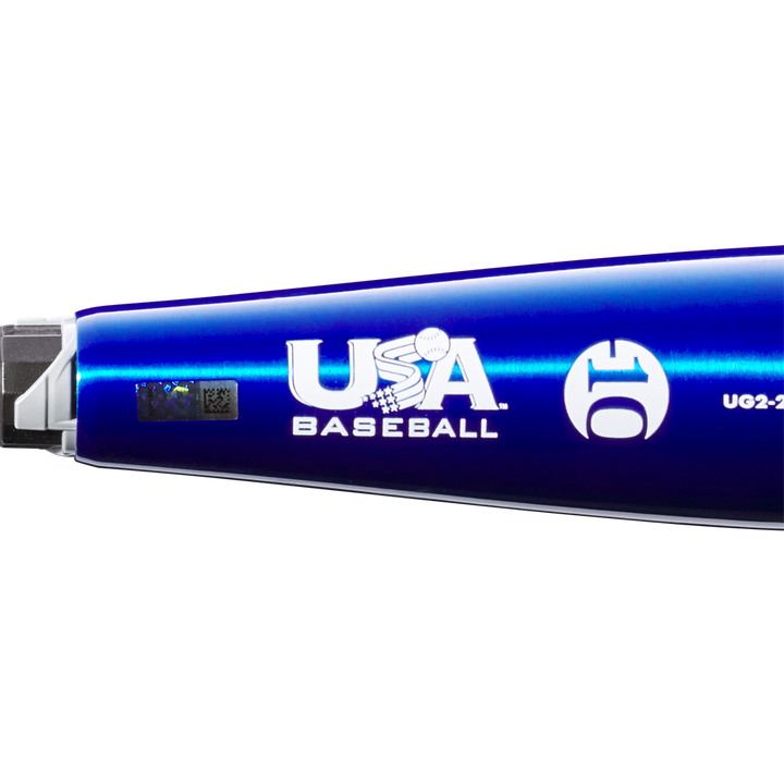 Close-up of the metallic blue 2023 DeMarini The Goods -10 (2 5/8") USA Baseball Bat (WBD2359010), featuring the X14 Alloy Barrel, USA Baseball logo, and white printed brand and model details.