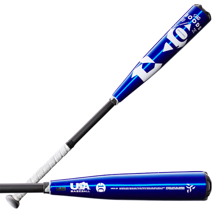 Two blue and black 2023 DeMarini The Goods -10 (2 5/8") USA Baseball Bats by DeMarini with white grips are shown, featuring X14 Alloy Barrel, USA Baseball logo, metallic blue barrels, black handles, and bold white graphics.