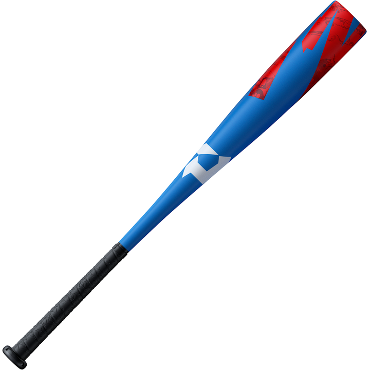 The 2024 DeMarini ZOA (-13) 2 5/8" USA T-Ball Bat (WBD2480010) features a blue and red composite design with a black textured grip and white geometric detailing near the center.