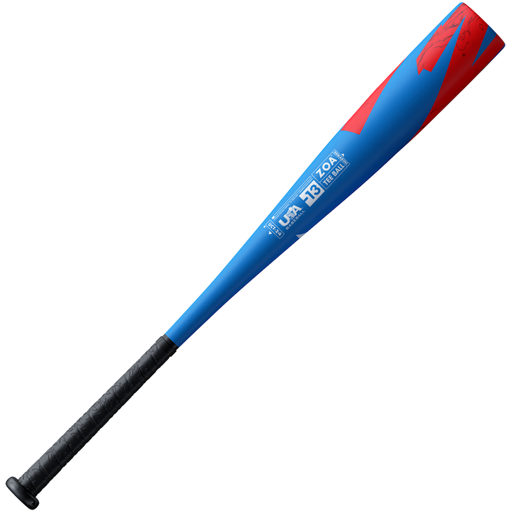 The 2024 DeMarini ZOA (-13) 2 5/8" USA T-Ball Baseball Bat (WBD2480010) features a blue and red design with a black textured grip and white barrel details, all shown against a plain white background.