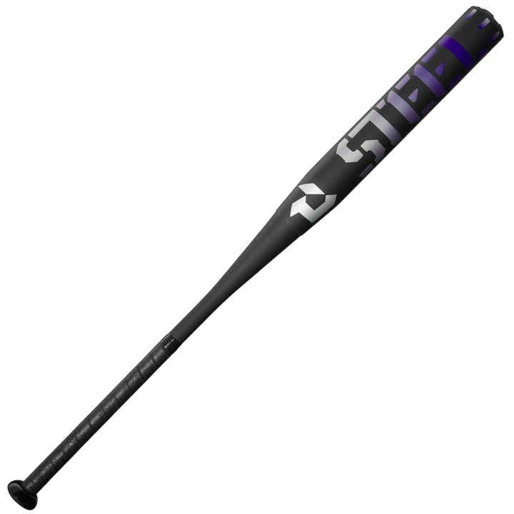 The 2025 DeMarini Steel All Association Slowpitch Softball Bat (WBD2519010) features a black and purple design, textured grip, and bold "Steel" lettering on its carburized seamless drawn steel barrel.