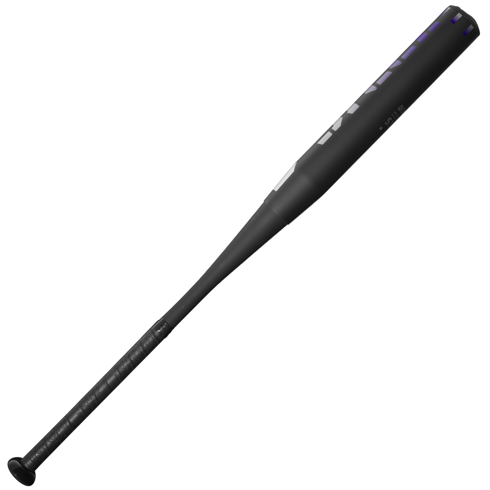The 2025 DeMarini Steel All Association Slowpitch Softball Bat: WBD2519010 features a black design with a ZnX alloy handle, textured grip, and subtle white and purple barrel accents, displayed on a plain white background.
