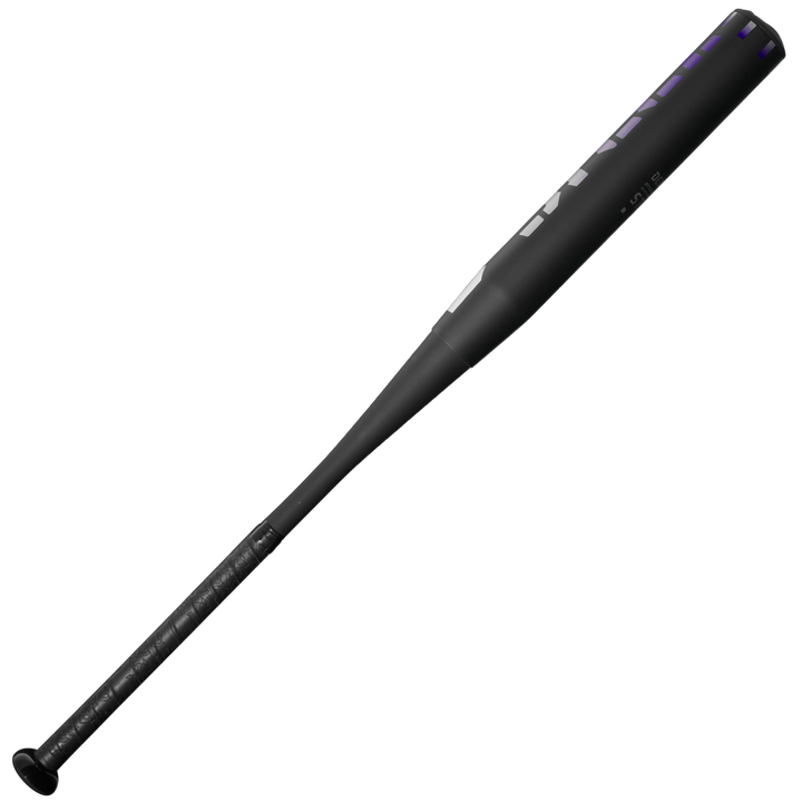 The 2025 DeMarini Steel All Association Slowpitch Softball Bat: WBD2519010 features a black design with a ZnX alloy handle, textured grip, and subtle white and purple barrel accents, displayed on a plain white background.