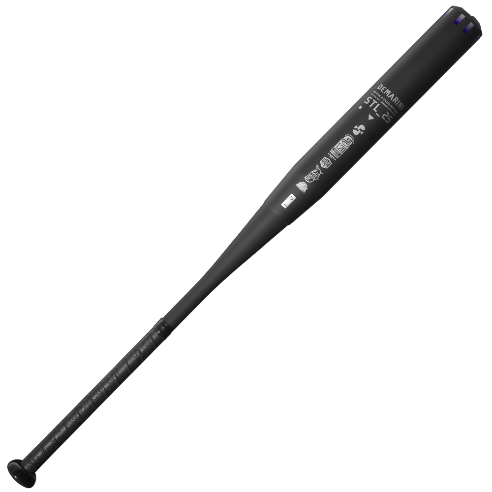 The 2025 DeMarini Steel All Association Slowpitch Softball Bat: WBD2519010 features white barrel logos, a textured grip, ZnX alloy handle, and carburized seamless drawn steel barrel, shown on a plain white background.