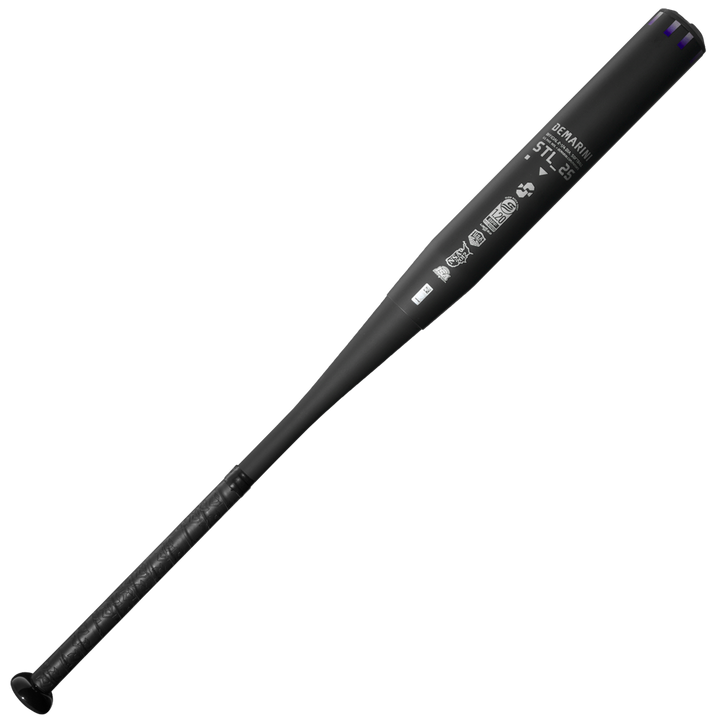 The 2025 DeMarini Steel All Association Slowpitch Softball Bat: WBD2519010 features white barrel logos, a textured grip, ZnX alloy handle, and carburized seamless drawn steel barrel, shown on a plain white background.