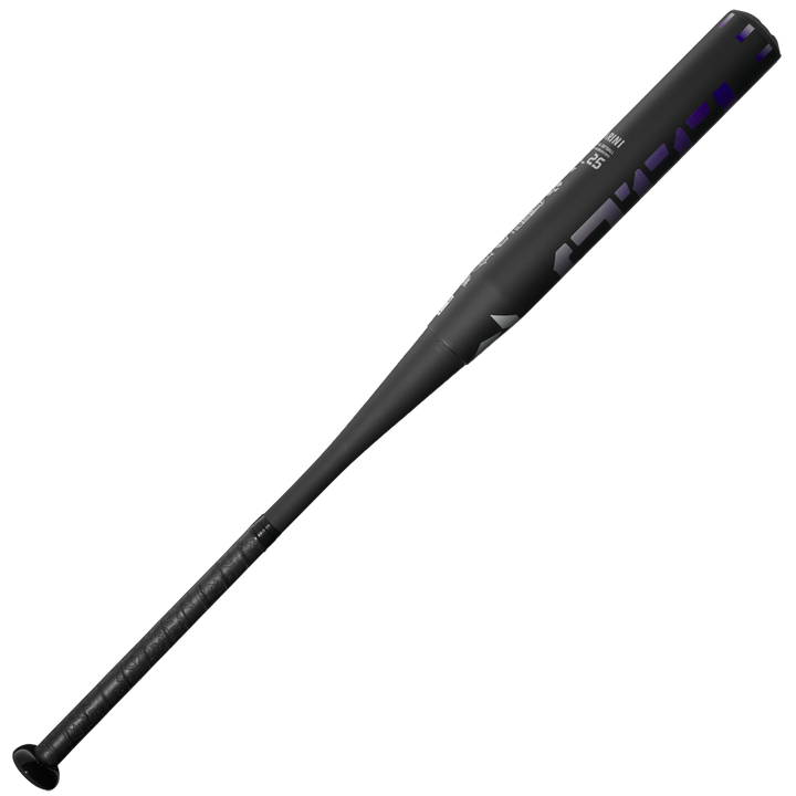 The 2025 DeMarini Steel All Association Slowpitch Softball Bat: WBD2519010 features a black matte finish with dark purple accents and a carburized seamless drawn steel barrel, shown against a plain white background.