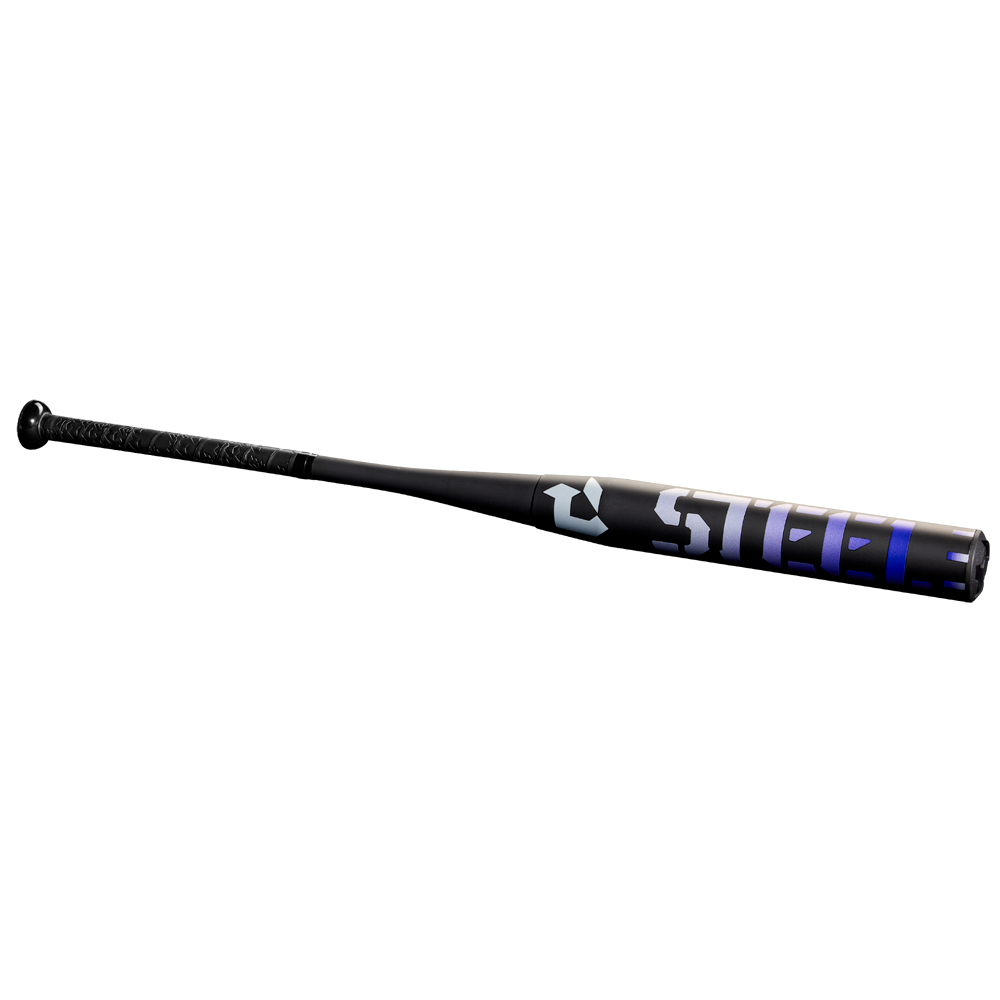 A black and dark blue 2025 DeMarini Steel All Association Slowpitch Softball Bat (WBD2519010) with a carburized seamless drawn steel barrel and "steel" printed on the barrel, shown against a plain white background.