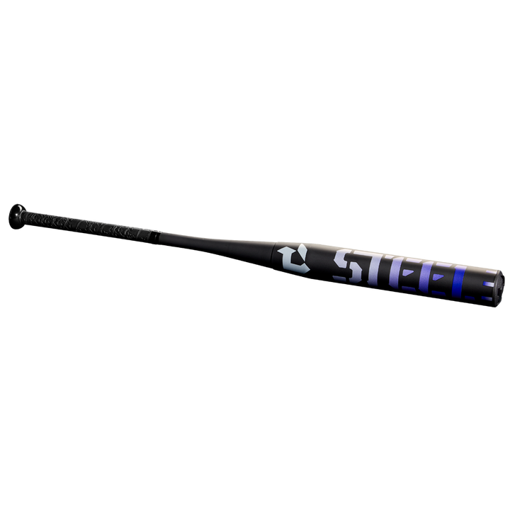 A black and dark blue 2025 DeMarini Steel All Association Slowpitch Softball Bat (WBD2519010) with a carburized seamless drawn steel barrel and "steel" printed on the barrel, shown against a plain white background.