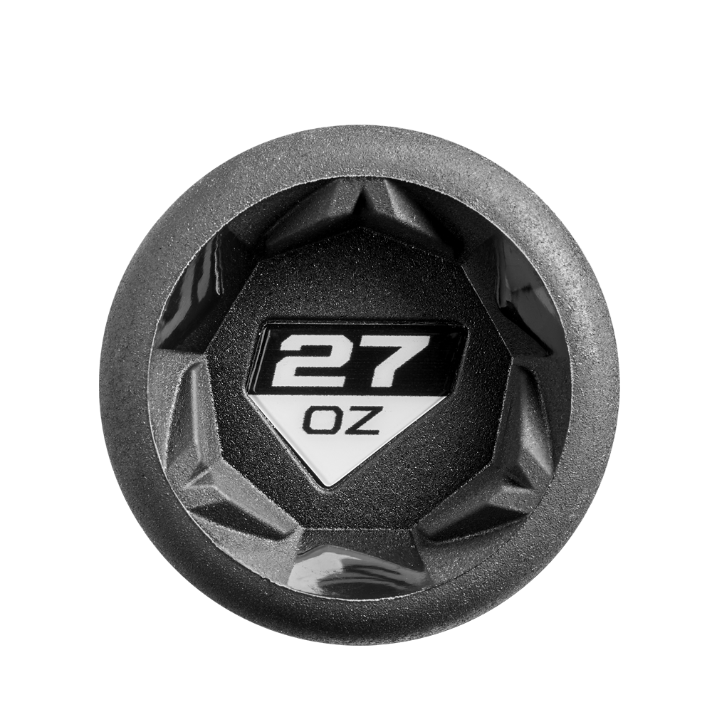 Top view of a black bottle lid with a geometric design, featuring "27 OZ" in white—mirroring the bold style of the DeMarini 2025 Steel All Association Slowpitch Softball Bat: WBD2519010.