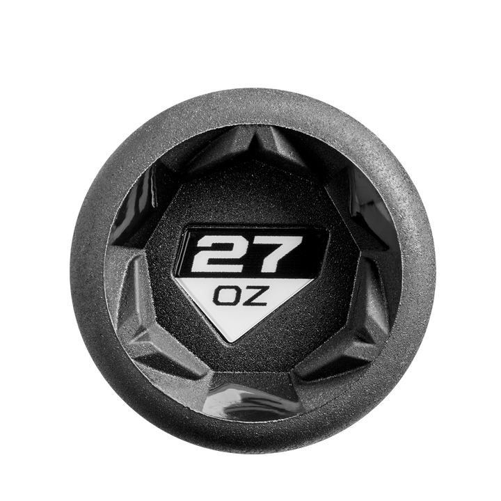 Top view of a black bottle lid with a geometric design, featuring "27 OZ" in white—mirroring the bold style of the DeMarini 2025 Steel All Association Slowpitch Softball Bat: WBD2519010.