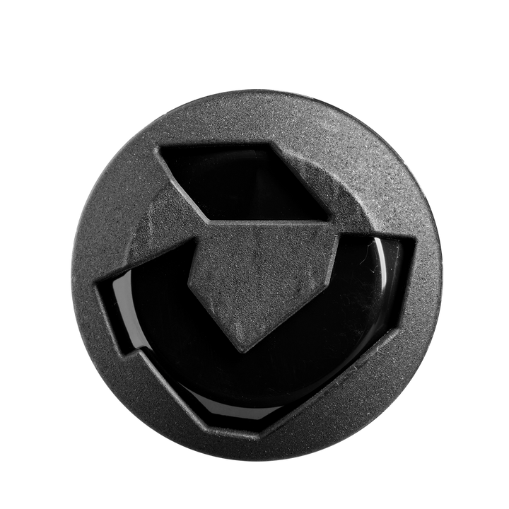 A round, black object with an angular geometric design and raised shapes, resembling the 2025 DeMarini Steel All Association Slowpitch Softball Bat: WBD2519010 barrel by DeMarini, is viewed from above against a white background.