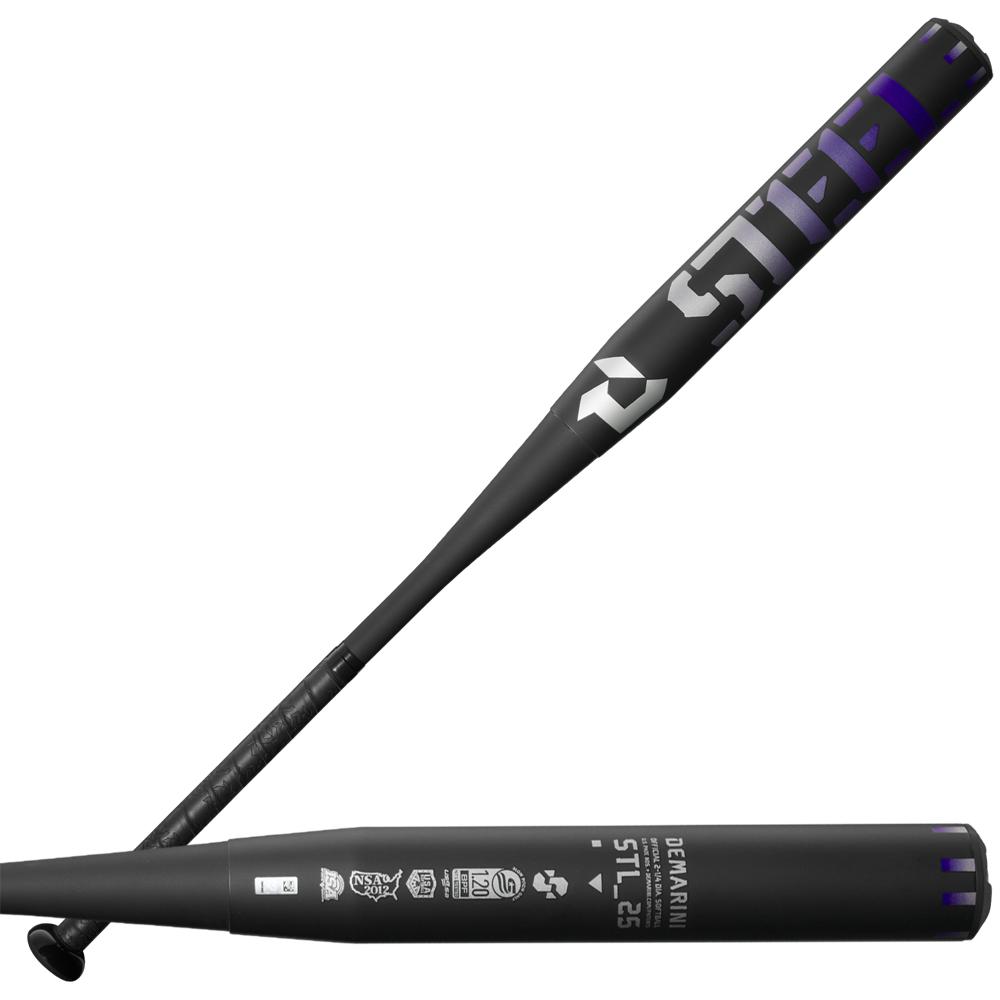 Two black DeMarini 2025 Steel All Association Slowpitch Softball Bats (WBD2519010) with gray and white branding, matte finish, carburized seamless drawn steel barrel, ZnX alloy handle, and logos near the handle shown in side and angled views.