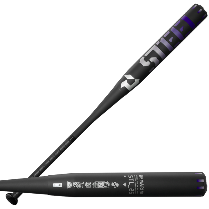 Two black DeMarini 2025 Steel All Association Slowpitch Softball Bats (WBD2519010) with gray and white branding, matte finish, carburized seamless drawn steel barrel, ZnX alloy handle, and logos near the handle shown in side and angled views.