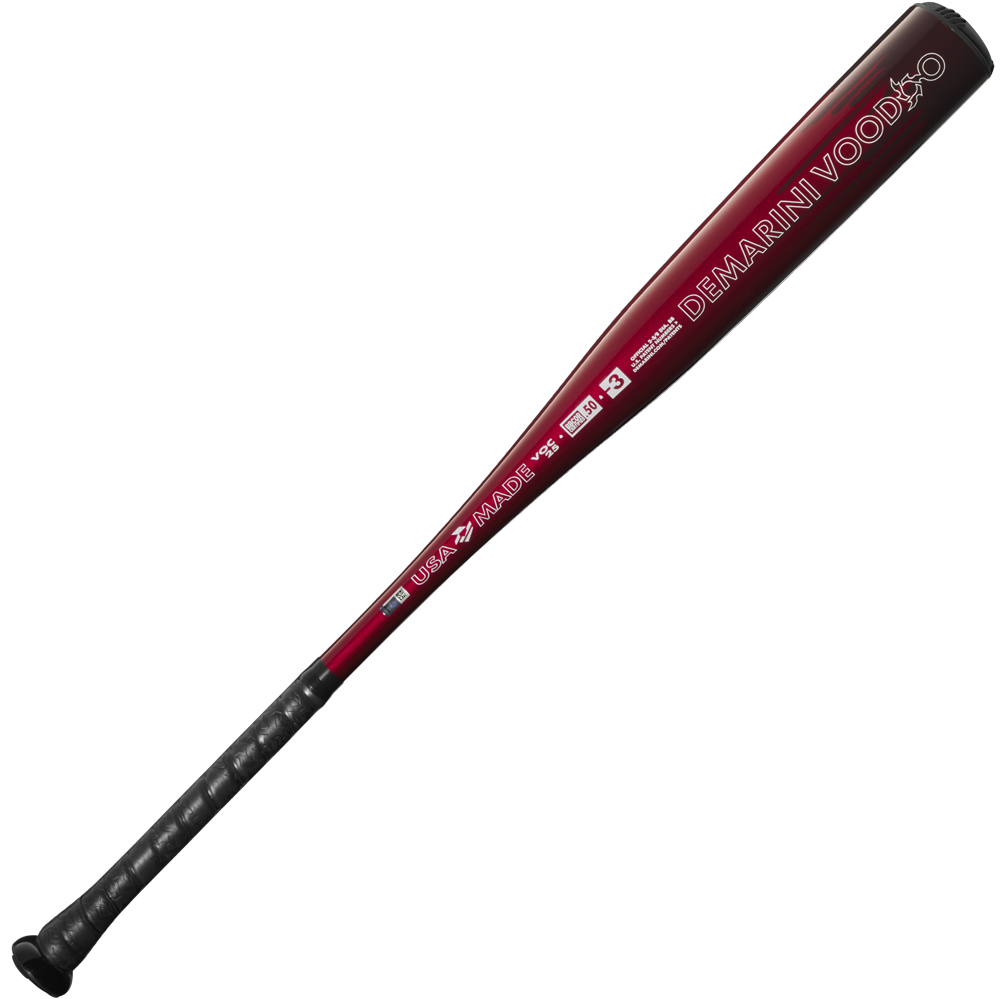 The 2025 DeMarini Voodoo One (-3) BBCOR Baseball Bat: WBD2527010 (DEMO) is a black and red bat featuring a powerful X14 Alloy Barrel.