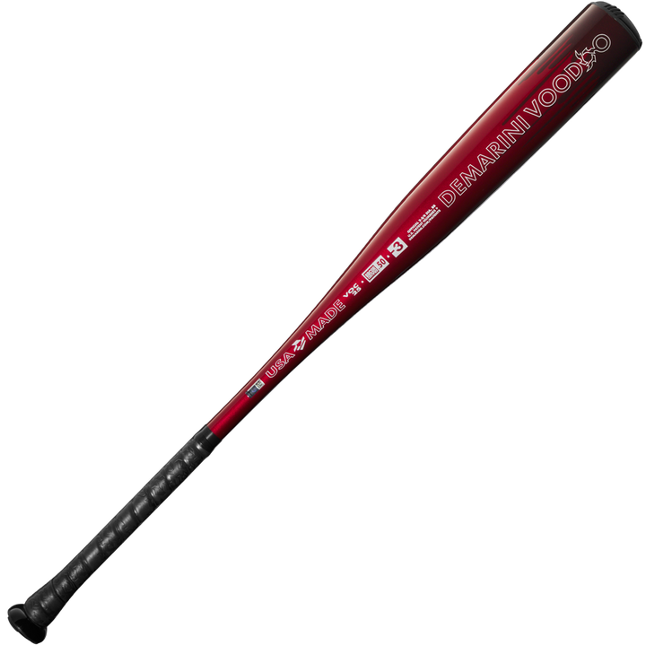 The 2025 DeMarini Voodoo One (-3) BBCOR Baseball Bat: WBD2527010 (DEMO) is a black and red bat featuring a powerful X14 Alloy Barrel.