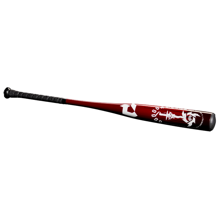 The 2025 DeMarini Voodoo One (-3) BBCOR Baseball Bat (WBD2527010 DEMO) features a red and black design with a powerful X14 Alloy Barrel.