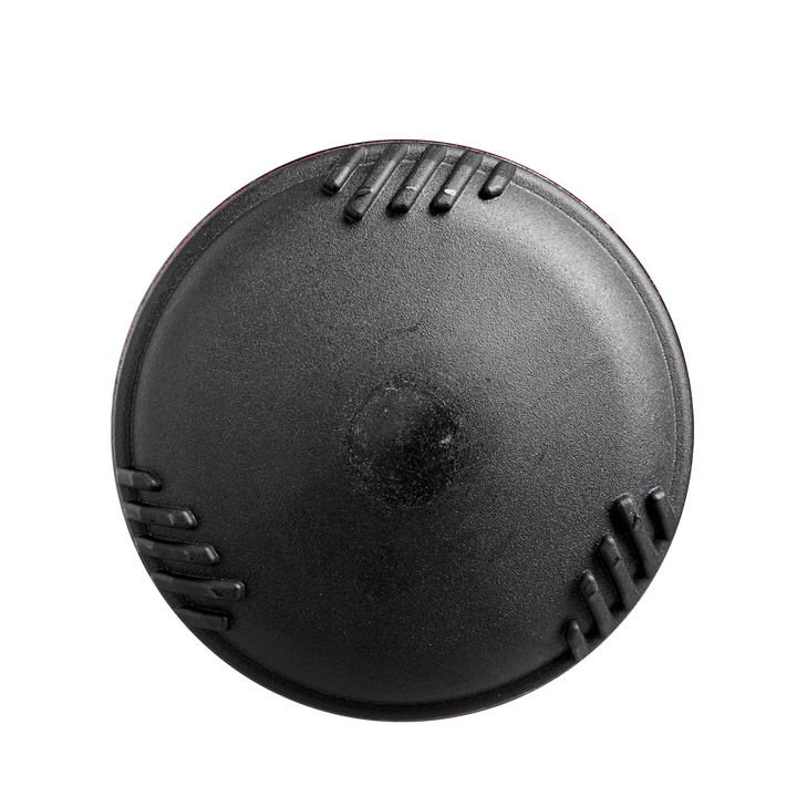 A black round object with black lines, resembling the sleek design of the 2025 DeMarini Voodoo One (-3) BBCOR Baseball Bat: WBD2527010 (DEMO).