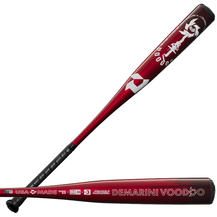 The 2025 DeMarini Voodoo One (-3) BBCOR Baseball Bat (WBD2527010) in red and black is shown from two angles, highlighting the brand logo, dragon graphic, X14 Alloy Barrel, and a black grip on the handle.