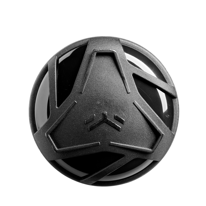 A black spherical object with a geometric, three-pronged cover on top, resembling the X14 Alloy Barrel of the 2025 DeMarini The Goods (-3) BBCOR Baseball Bat: WBD2528010 (USED) by DeMarini, shown against a white background.