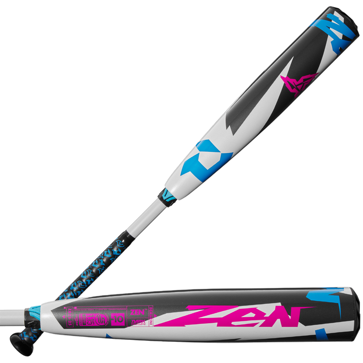 Two views of the 2025 DeMarini ZEN (-10) 2 3/4" USSSA Baseball Bat (USED), showing its white, black, and blue design with bold pink "ZEN" graphics. Made with Dark Matter Composite and a handle featuring blue accents and a black grip.