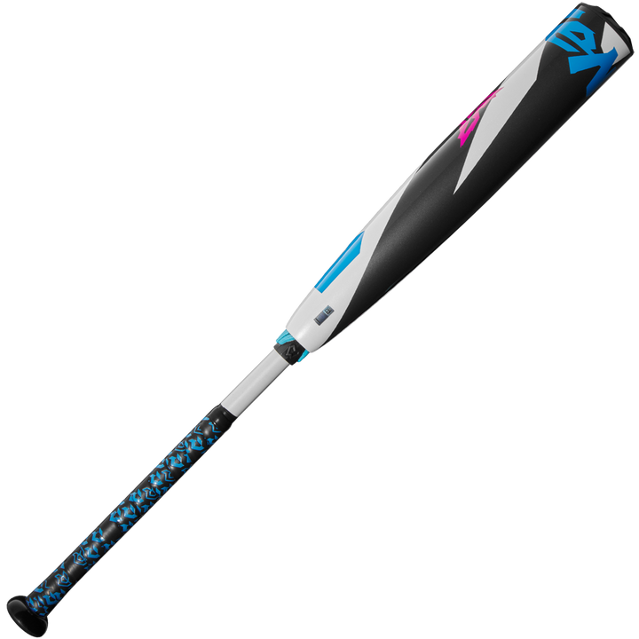 The 2025 DeMarini ZEN (-8) USSSA Baseball Bat (WBD2533010) features a black, white, and blue patterned barrel, a matching blue grip, and advanced Dark Matter Composite construction against a plain white background.