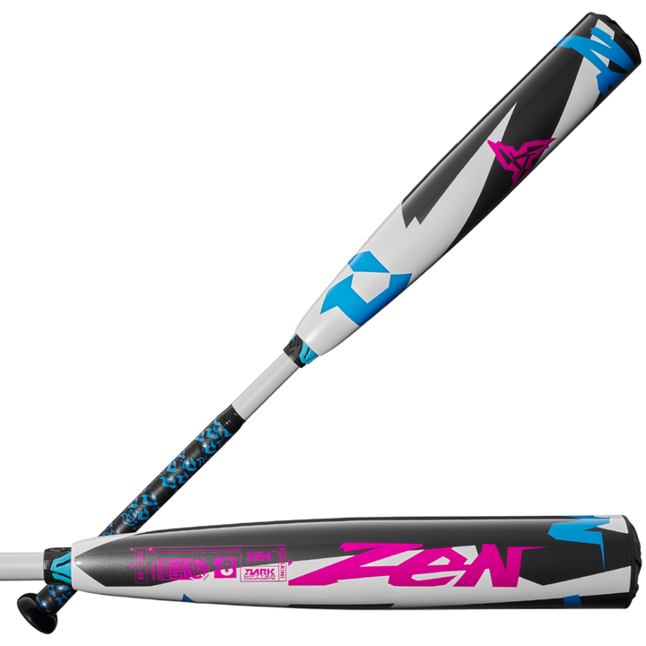 Two views of the 2025 DeMarini ZEN (-8) 2 3/4" USSSA Baseball Bat (WBD2533010) by DeMarini, featuring a white, black, blue, and pink geometric design with "ZEN" in large pink letters and a handle with a blue and black Dark Matter Composite pattern.