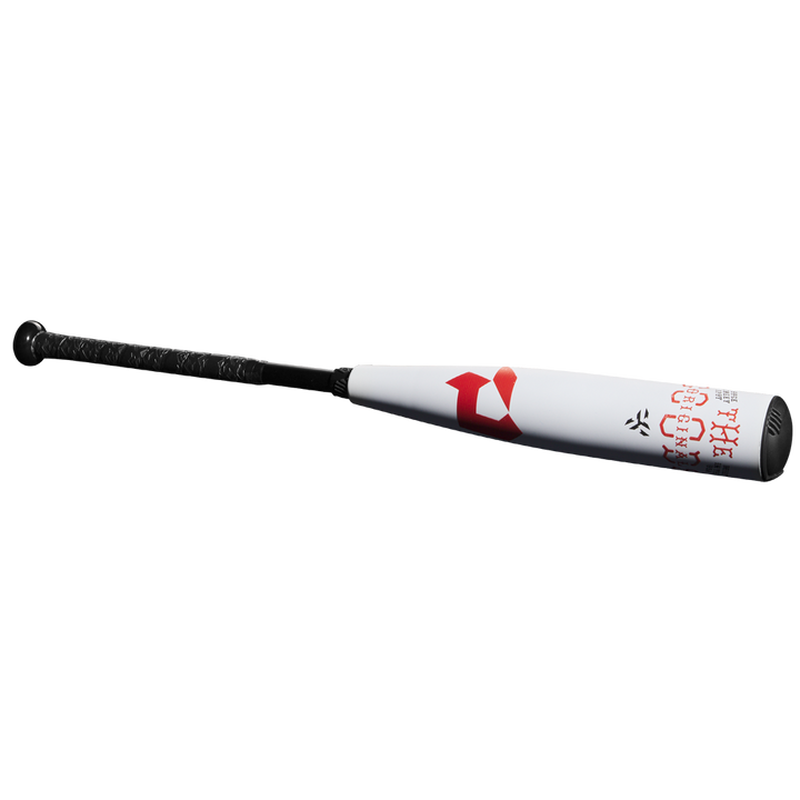 The 2025 DeMarini The Goods (-10) 2 3/4" USSSA Baseball Bat: WBD2535010 features a white and black design with a red graphic, textured black grip, X14 alloy barrel, and is displayed against a plain white background.