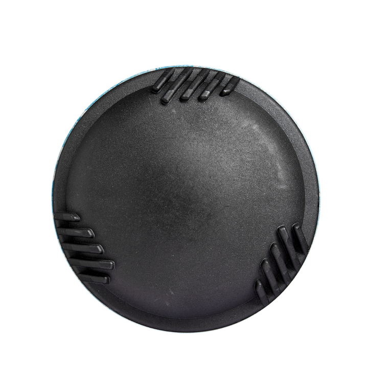 A round, black camera lens cap with three ridged grips evenly spaced around the edge, viewed from above on a white background—reflecting the precision engineering of the 2025 DeMarini The Goods (-10) USSSA Baseball Bat.
