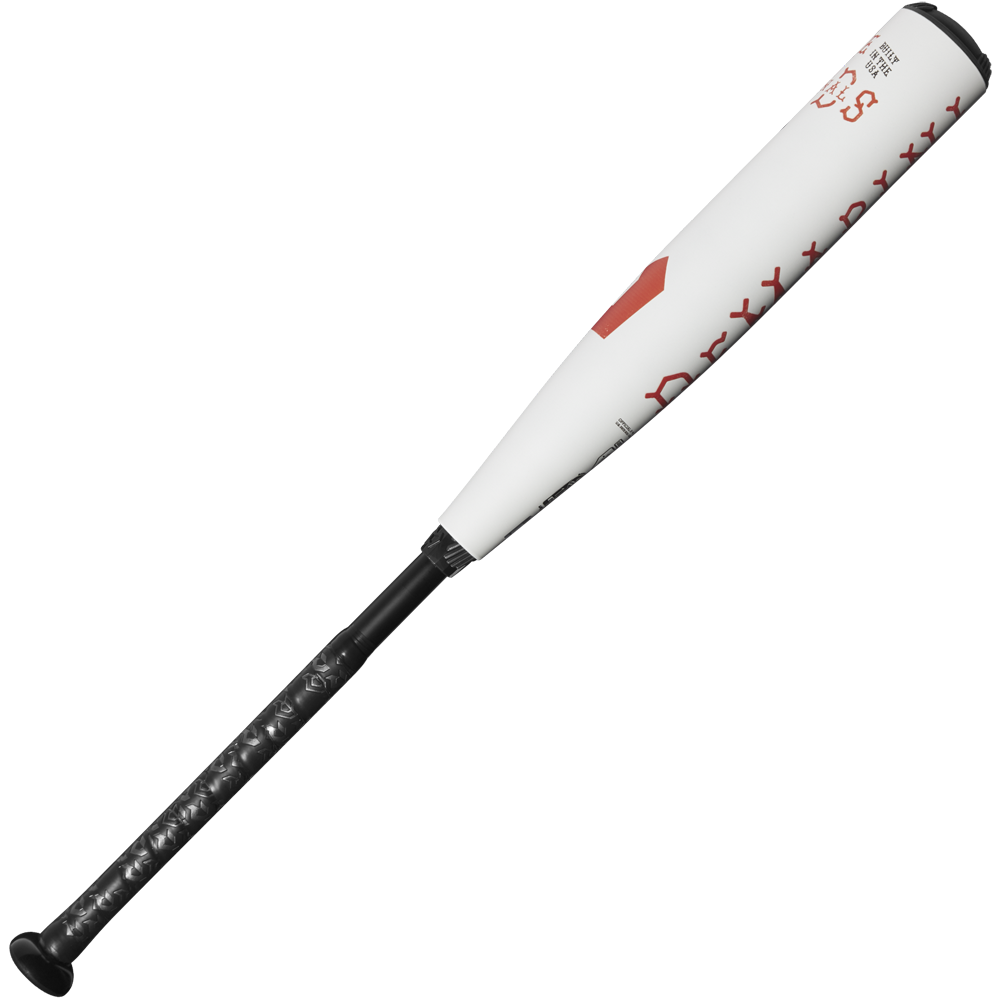 The 2025 DeMarini The Goods (-8) 2 3/4" USSSA Baseball Bat (WBD2536010) features a white and black design with red accents, X14 Alloy Barrel, black grip, and modern details—shown on a plain white background.
